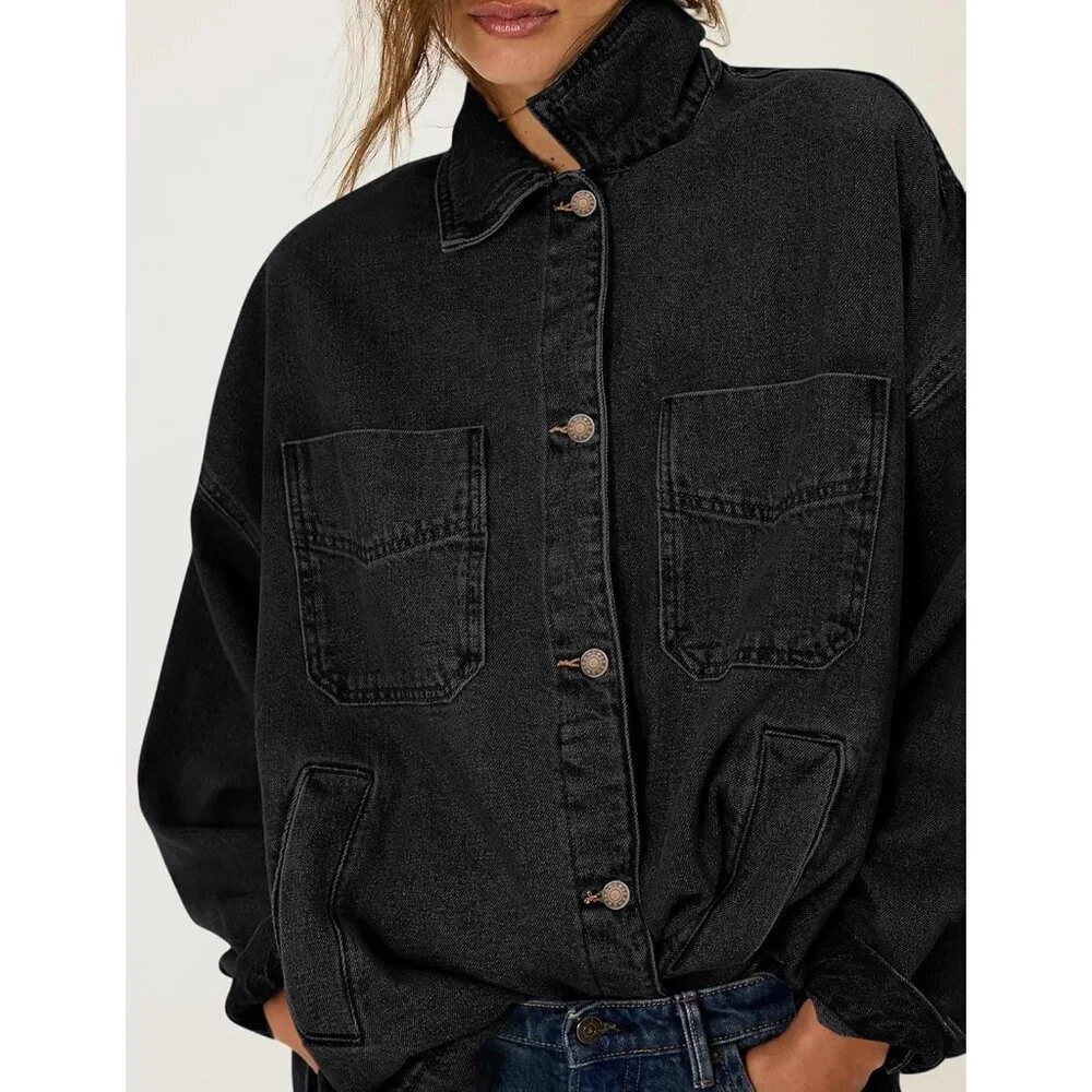 Women Jean Jacket Oversized Shacket Denim Jacket Button Down Boyfriend Black - Picture 3 of 6
